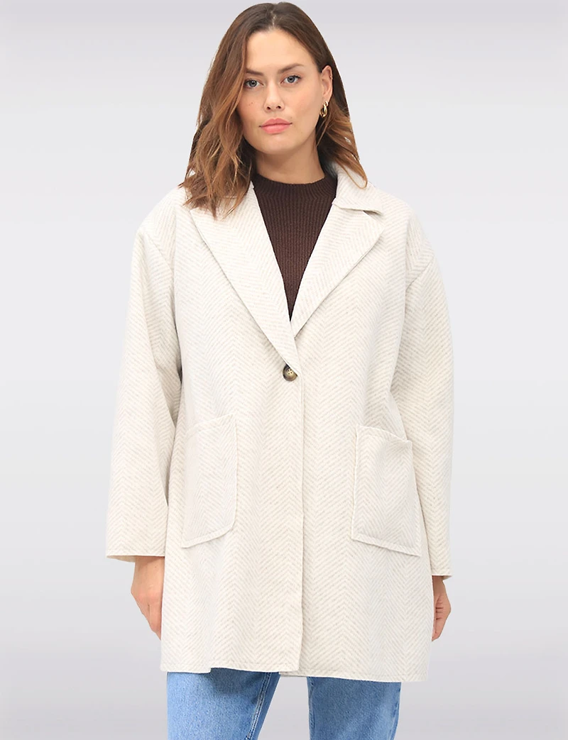 Single-Breasted Notch Collar Herringbone Coat with Patch Pockets by Froccella