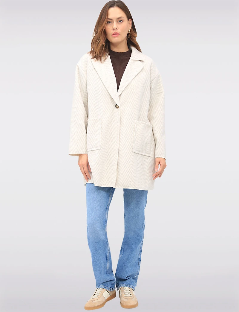 Single-Breasted Notch Collar Herringbone Coat with Patch Pockets by Froccella