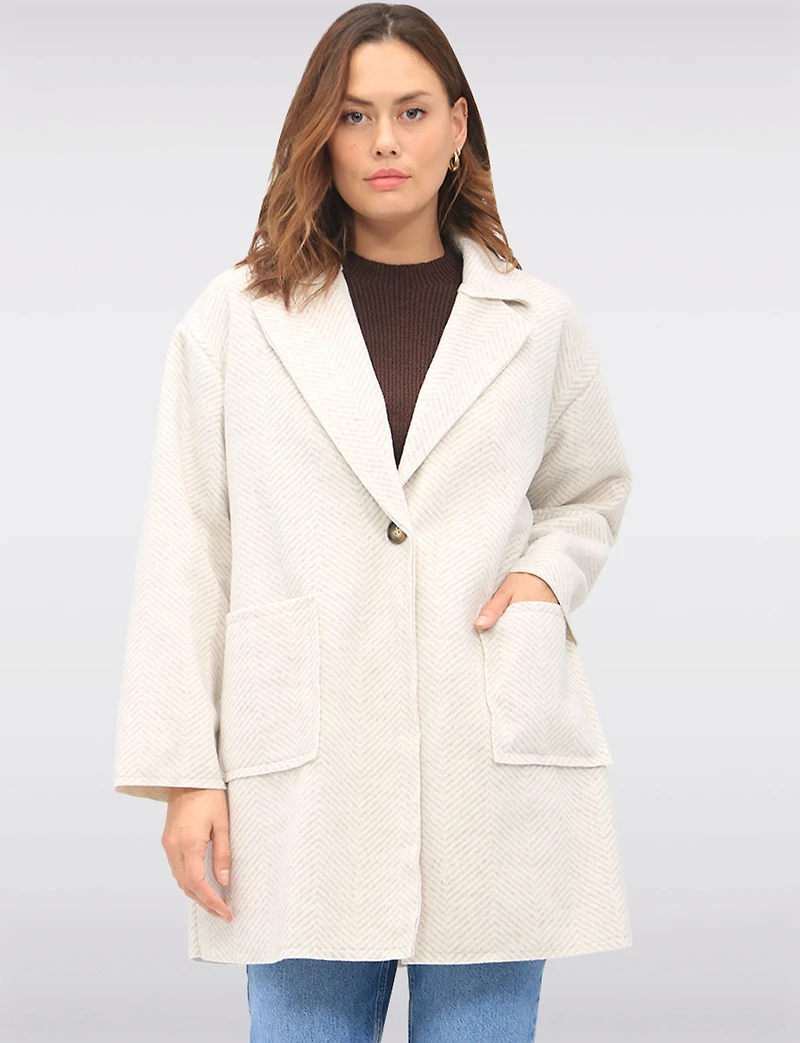 Single-Breasted Notch Collar Herringbone Coat with Patch Pockets by Froccella