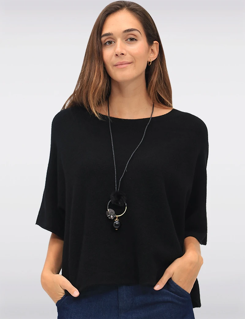 Soft Cropped Knit Top with Dolman Sleeves and Necklace by Froccella