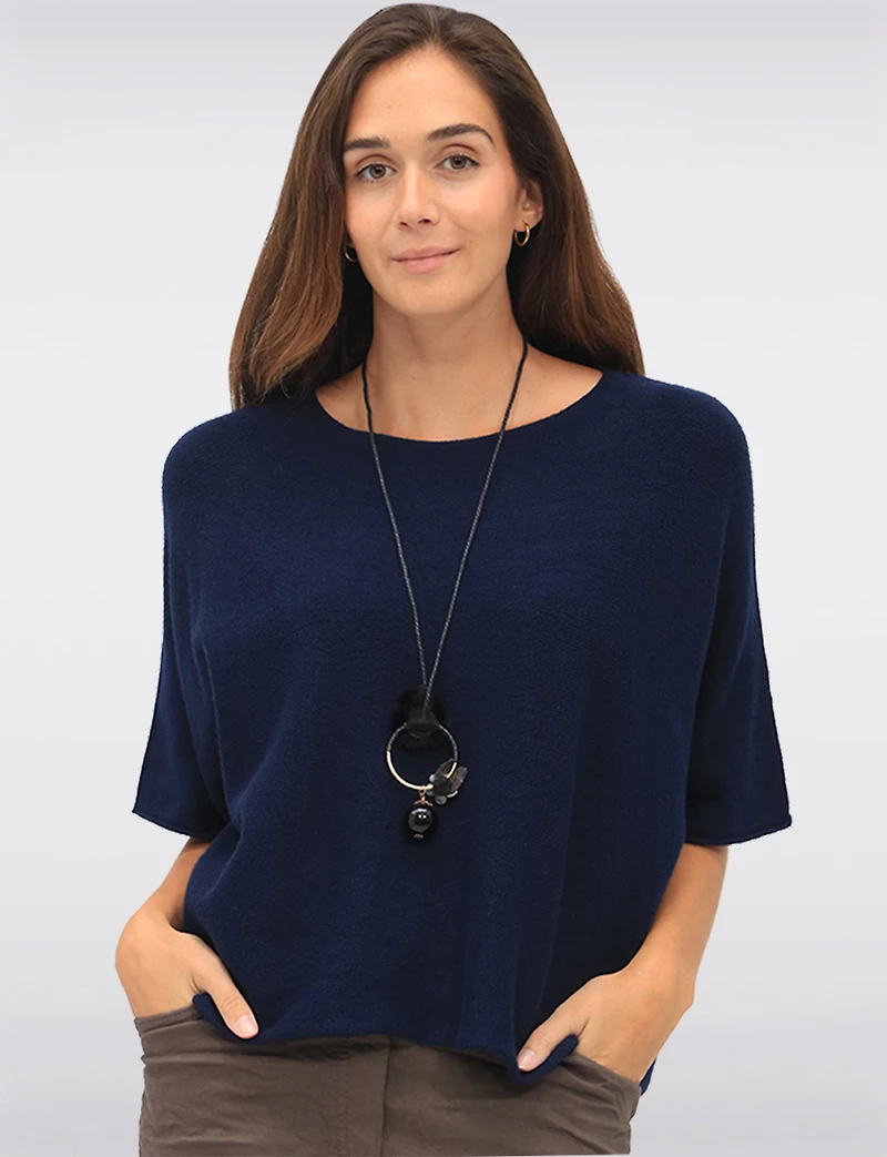 Soft Cropped Knit Top with Dolman Sleeves and Necklace by Froccella