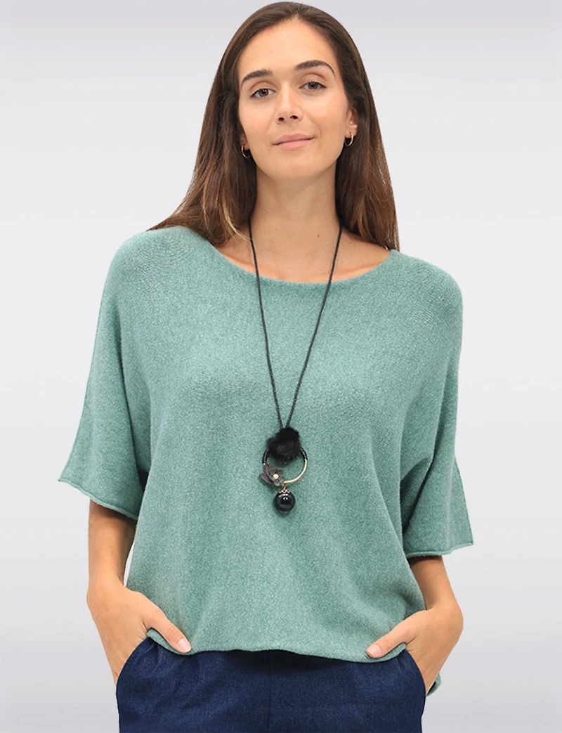 Soft Cropped Knit Top with Dolman Sleeves and Necklace by Froccella