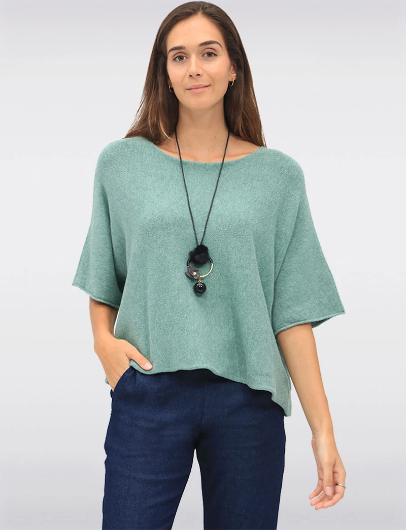 Soft Cropped Knit Top with Dolman Sleeves and Necklace by Froccella