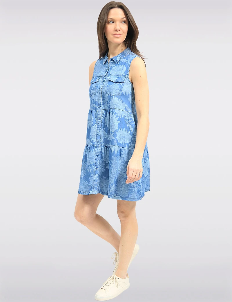 Flowy Sleeveless Floral Tiered Button-Down Knee-Length Dress by Point Zero