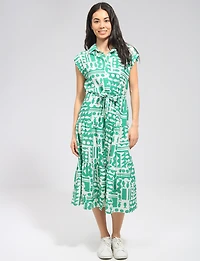 Flowing Abstract Printed Retro Midi Dress with Cap Sleeves & Belt by Point Zero