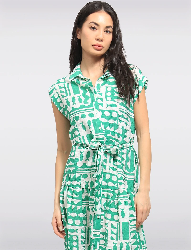 Flowing Abstract Printed Retro Midi Dress with Cap Sleeves & Belt by Point Zero