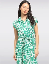 Flowing Abstract Printed Retro Midi Dress with Cap Sleeves & Belt by Point Zero
