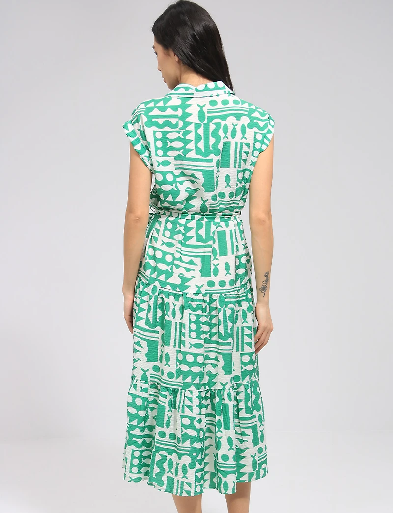 Flowing Abstract Printed Retro Midi Dress with Cap Sleeves & Belt by Point Zero