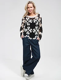 Delicate B&W Open-Knit Floral Crochet Long Flared Sleeve Sweater by Point Zero