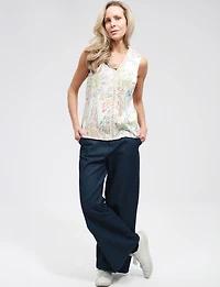 Lightweight Sleeveless V-Neck Top with Floral Print & Lace Trim by Point Zero
