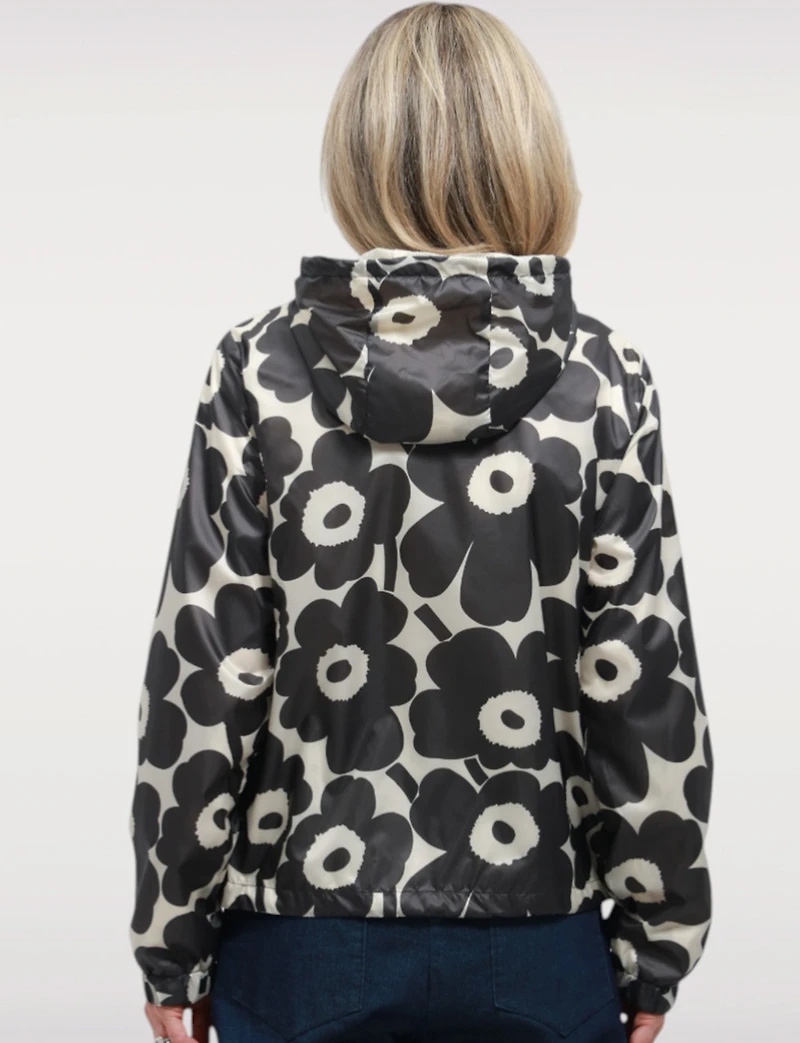 Cropped Vegan Floral Hooded Windbreaker & Elastic Drawstring Hem by Point Zero