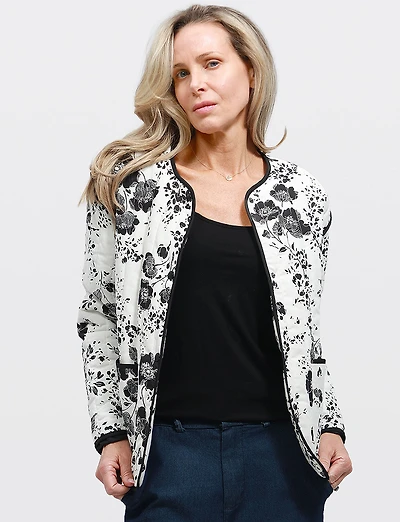 Chic Cropped Quilted Jacket with Black & White Floral Print by Point Zero