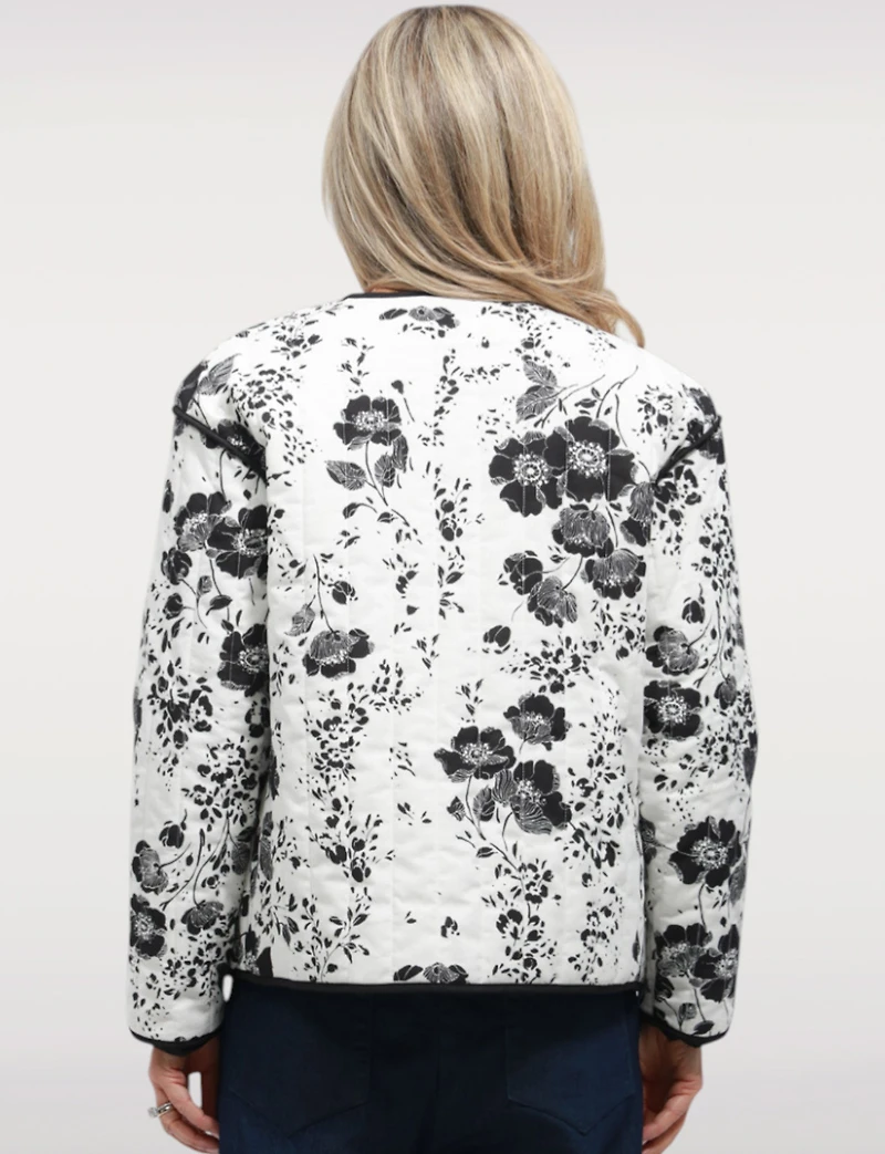 Chic Cropped Quilted Jacket with Black & White Floral Print by Point Zero