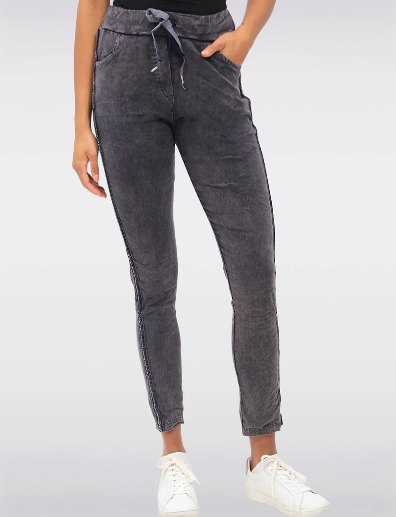 Slim-Fit Crinkled Stretch Pants with Stud Detail & Drawstring Waist by Froccella