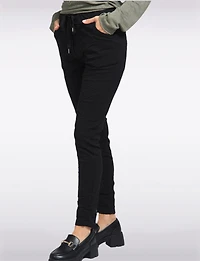 Crinkled Slim-Fit Drawstring-Waist 4-Pocket Stretch Pants by Froccella