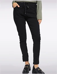 Crinkled Slim-Fit Drawstring-Waist 4-Pocket Stretch Pants by Froccella