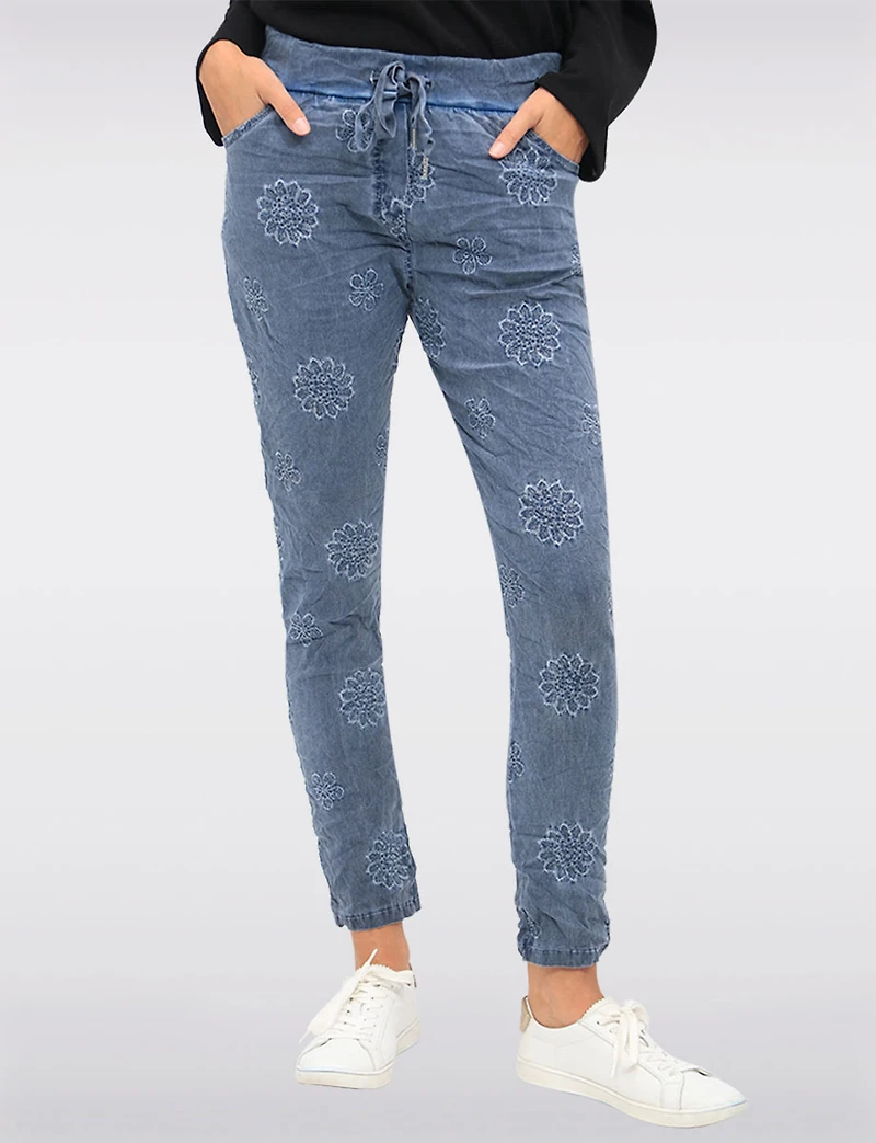 Slim Fit Chic Crinkled Pull-On Pants with Embroidered Front Detail by Froccella