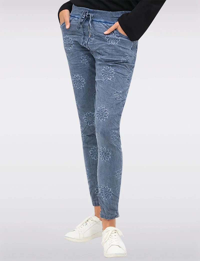 Slim Fit Chic Crinkled Pull-On Pants with Embroidered Front Detail by Froccella