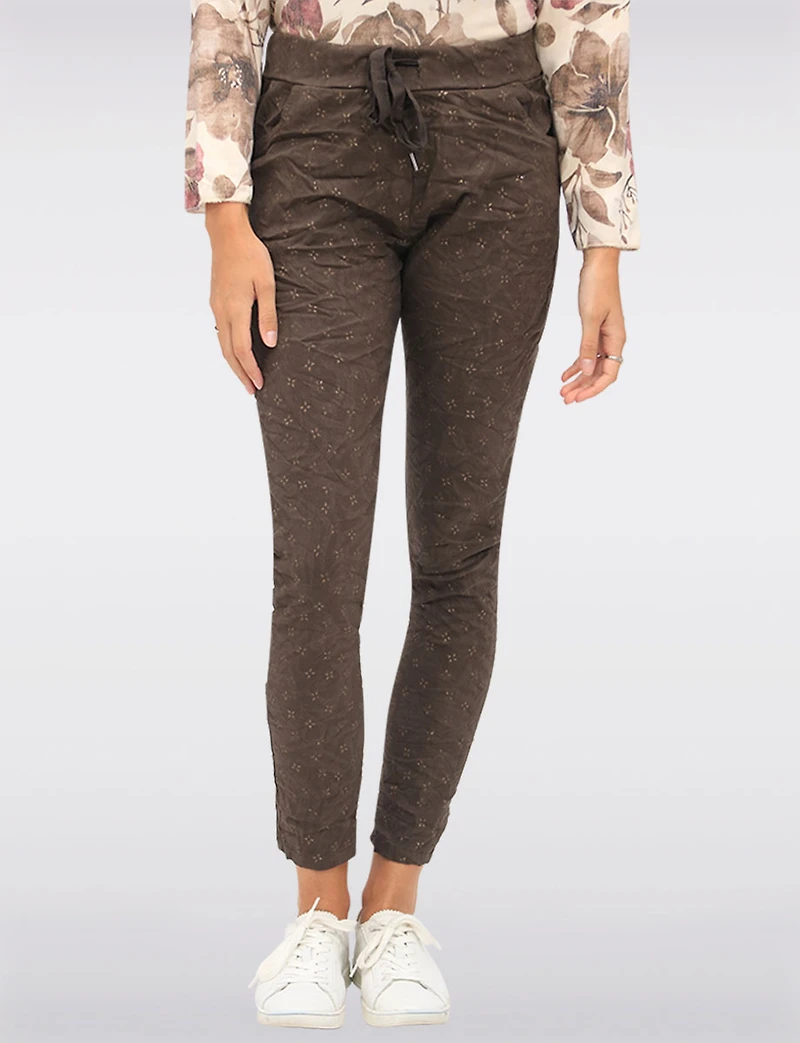 Stretch Crinkled Pull-On Pants with Gold Detailed Design & Pockets by Froccella
