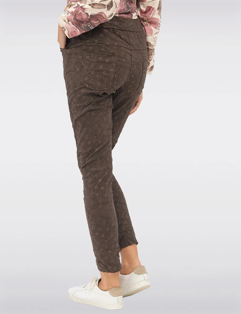 Stretch Crinkled Pull-On Pants with Gold Detailed Design & Pockets by Froccella
