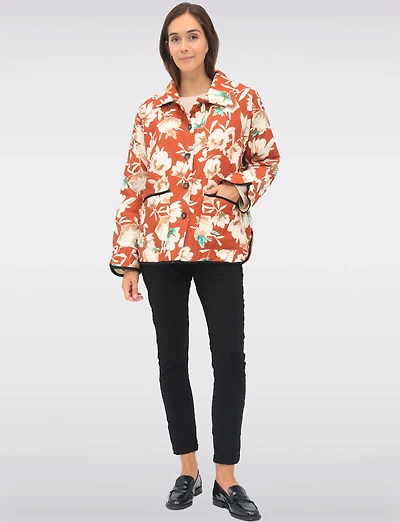 Button-Up Floral Quilted Collared Jacket with Black Trim Detail by Froccella