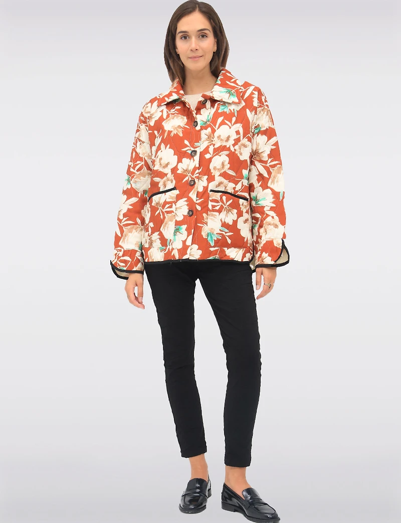 Button-Up Floral Quilted Collared Jacket with Black Trim Detail by Froccella