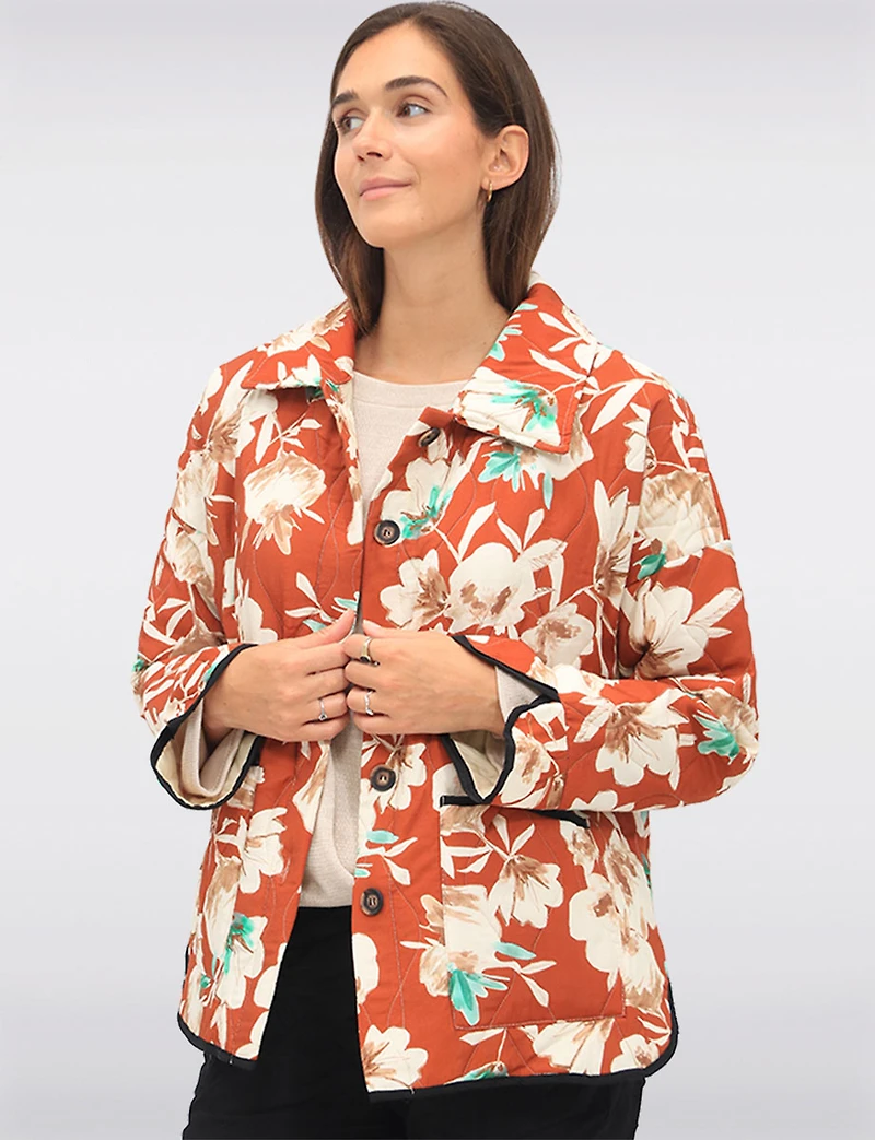 Button-Up Floral Quilted Collared Jacket with Black Trim Detail by Froccella