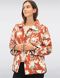 Button-Up Floral Quilted Collared Jacket with Black Trim Detail by Froccella
