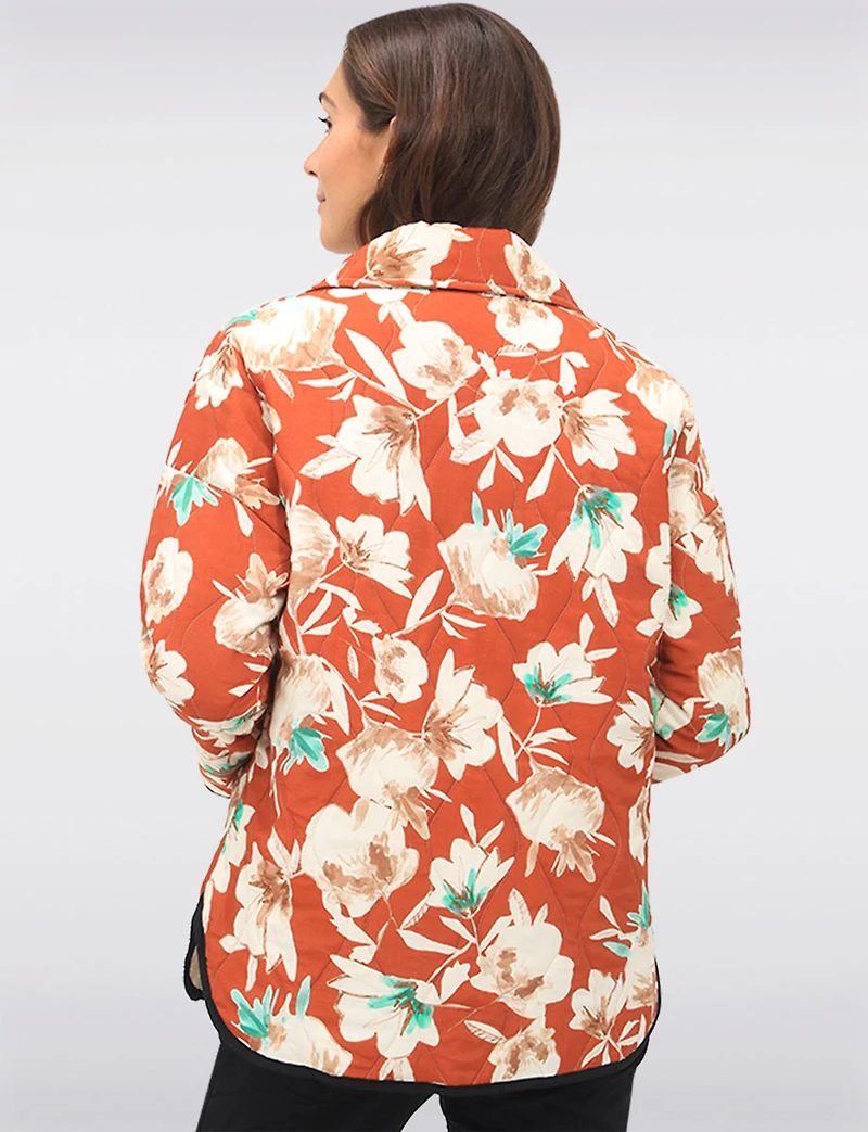 Button-Up Floral Quilted Collared Jacket with Black Trim Detail by Froccella