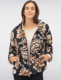 Quilted Floral Print Hooded Jacket with Zip Front & Long Sleeves by Froccella