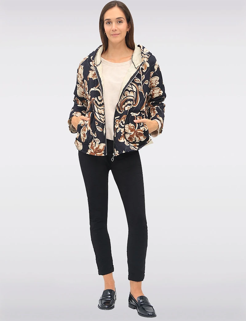 Quilted Floral Print Hooded Jacket with Zip Front & Long Sleeves by Froccella
