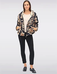 Quilted Floral Print Hooded Jacket with Zip Front & Long Sleeves by Froccella