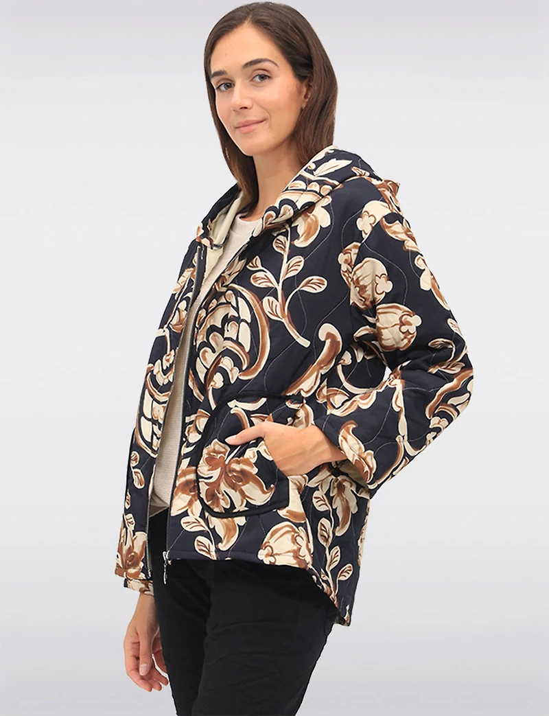 Quilted Floral Print Hooded Jacket with Zip Front & Long Sleeves by Froccella
