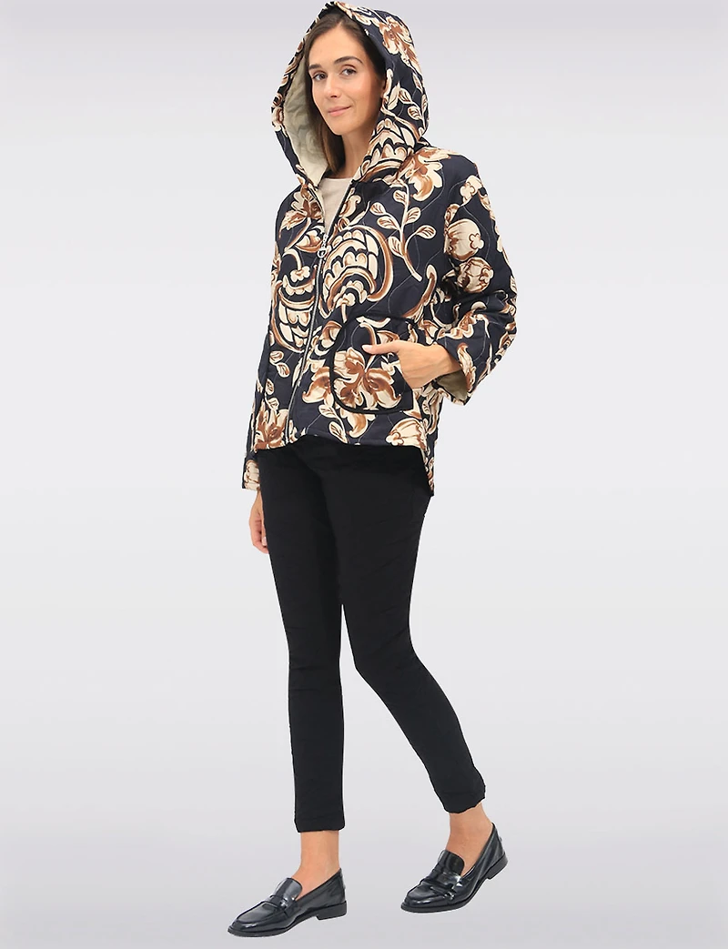Quilted Floral Print Hooded Jacket with Zip Front & Long Sleeves by Froccella