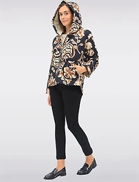 Quilted Floral Print Hooded Jacket with Zip Front & Long Sleeves by Froccella