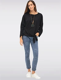 Textured 3/4 Sleeve Round Neck Tie-Front Top with Matching Necklace by Froccella