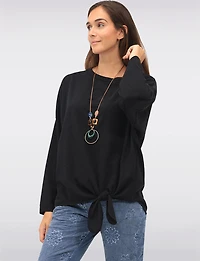 Textured 3/4 Sleeve Round Neck Tie-Front Top with Matching Necklace by Froccella