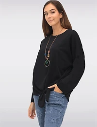 Textured 3/4 Sleeve Round Neck Tie-Front Top with Matching Necklace by Froccella