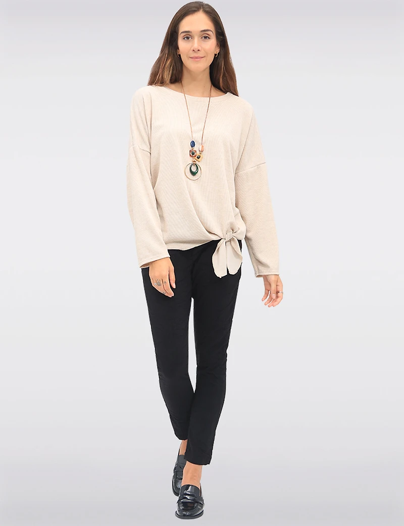 Textured 3/4 Sleeve Round Neck Tie-Front Top with Matching Necklace by Froccella
