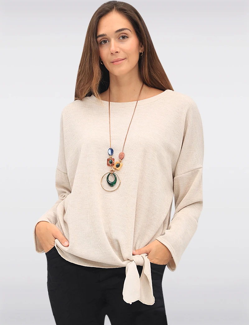 Textured 3/4 Sleeve Round Neck Tie-Front Top with Matching Necklace by Froccella