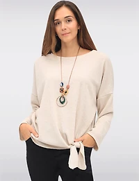 Textured 3/4 Sleeve Round Neck Tie-Front Top with Matching Necklace by Froccella