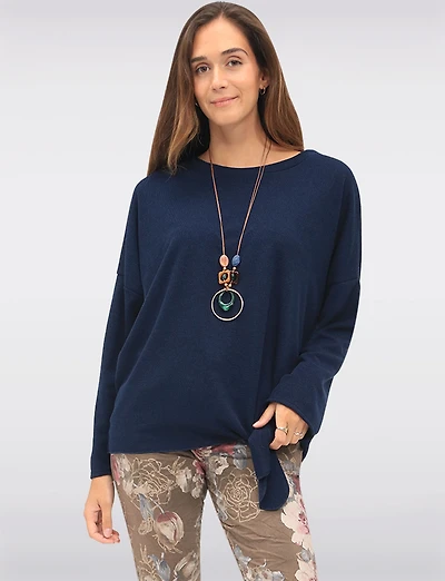 Textured 3/4 Sleeve Round Neck Tie-Front Top with Matching Necklace by Froccella