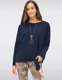 Textured 3/4 Sleeve Round Neck Tie-Front Top with Matching Necklace by Froccella