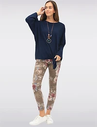 Textured 3/4 Sleeve Round Neck Tie-Front Top with Matching Necklace by Froccella