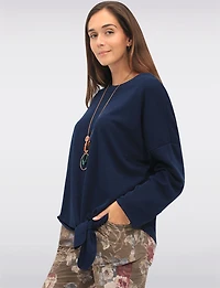 Textured 3/4 Sleeve Round Neck Tie-Front Top with Matching Necklace by Froccella