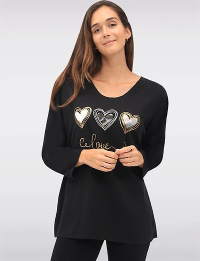 Textured Long Sleeve V-Neck Top with 3-Heart Foil & Sequin Design by Froccella