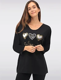 Textured Long Sleeve V-Neck Top with 3-Heart Foil & Sequin Design by Froccella