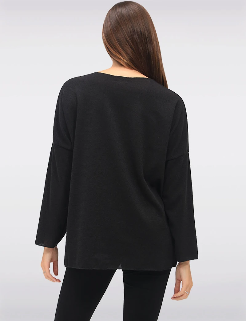 Textured Long Sleeve V-Neck Top with 3-Heart Foil & Sequin Design by Froccella