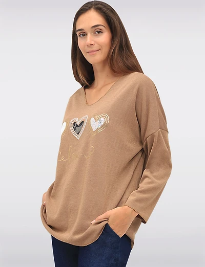 Textured Long Sleeve V-Neck Top with 3-Heart Foil & Sequin Design by Froccella