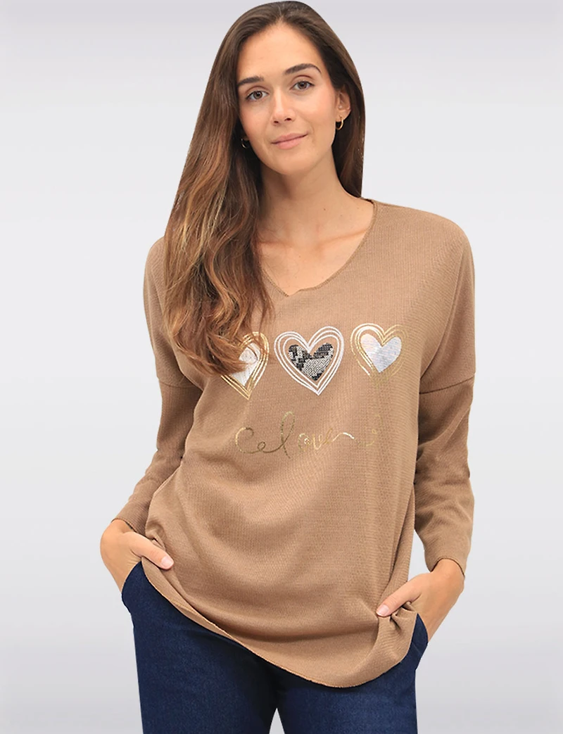 Textured Long Sleeve V-Neck Top with 3-Heart Foil & Sequin Design by Froccella